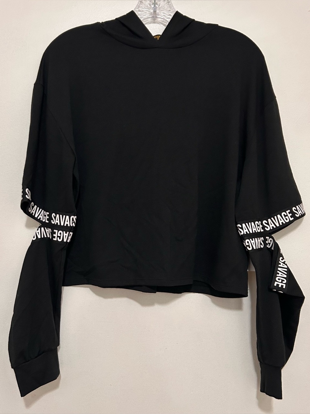 Savage Taped Cut Out Cropped Hooded Top Black Streetwear Size Medium NWOT